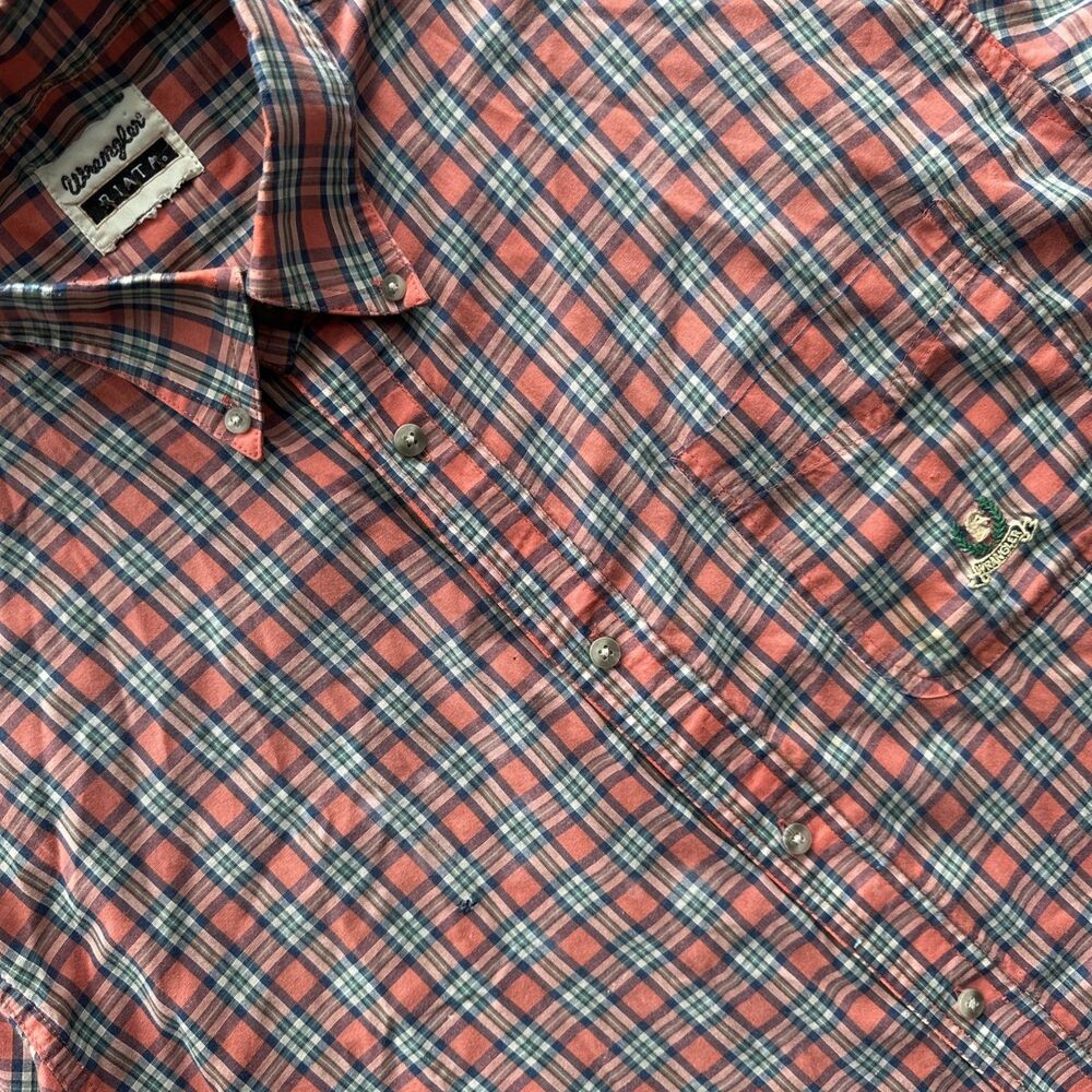 Wrangler Riata Shirt Mens XL Blue Orange Plaid Short Sleeve Button Down Casual